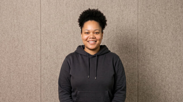 Smiling professional woman in black hoodie portrait