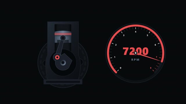 Futuristic 3D technical illustration featuring a mechanical piston and crankshaft assembly alongside a circular RPM gauge displaying 7200 RPM.