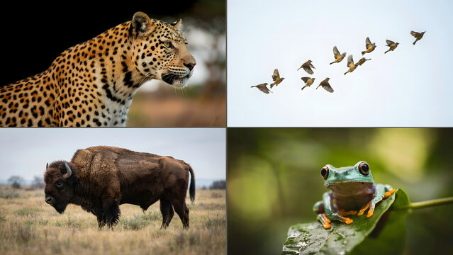 A collage featuring a leopard profile, a flock of birds in the sky, a bison in a grassy field, and a tree frog resting on a green leaf