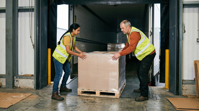 Warehouse workers unload pallet from delivery truck safely