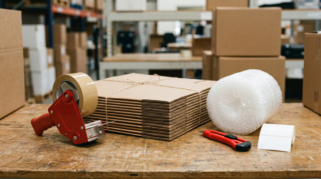 Packaging supplies and cardboard boxes in warehouse workspace