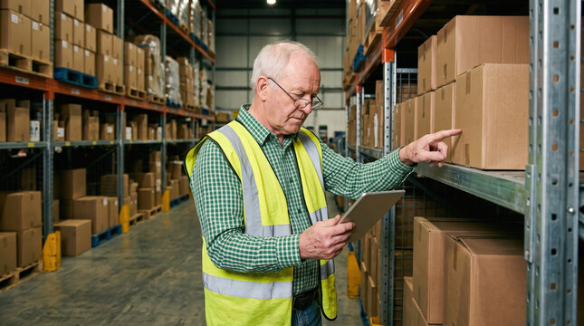 Warehouse worker inspect inventory with tablet and box
