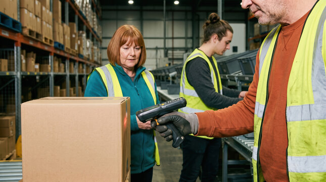 Warehouse worker scan package on distribution center line
