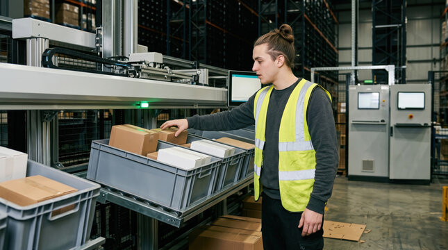 Warehouse worker retrieves parcel at automated pick station