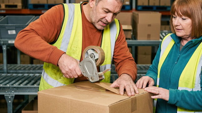 Warehouse worker seal cardboard box with packing tape