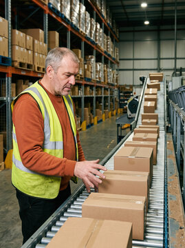 Warehouse worker inspect package on conveyor belt