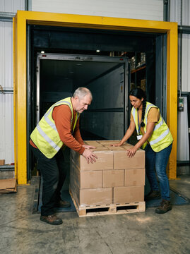 Warehouse workers unload pallet of cardboard boxes from truck