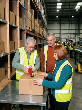 Warehouse worker seal cardboard box for order dispatch