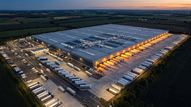 Aerial view of distribution center and lorry yard at dusk