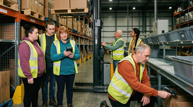 Warehouse workers scan inventory in distribution center