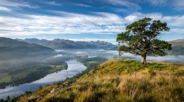 A single lone tree standing on a grassy hill overlooking a wide river and mountains in the distance