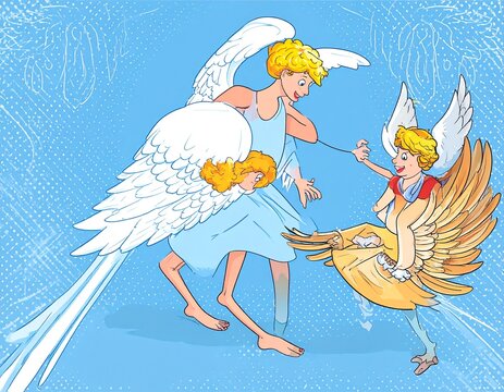Whimsical Cartoon Illustration of Playful Angels and Cherubs with Large Wings in a Starry Blue Sky