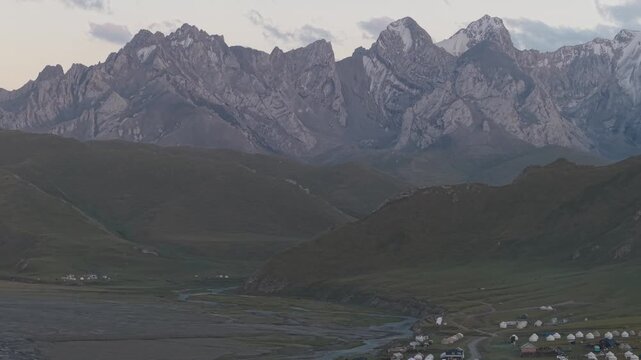Kok Kiya valley Kyrgyzstan drone aerial 4k at sunset