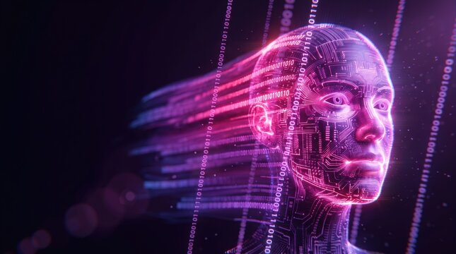 Glowing binary data stream across abstract circuit board