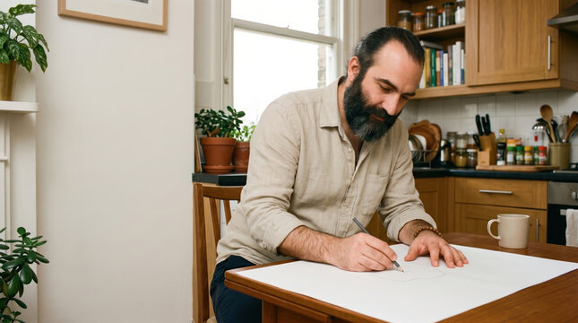 Bearded man sketching at table in home office