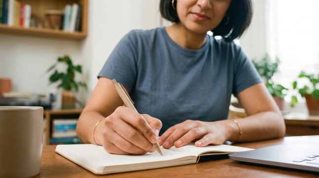 Woman write in notebook at home office desk