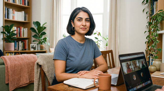 Woman work remotely at laptop in cozy home office