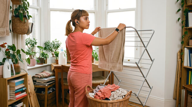 Woman multitask with laundry while listen to phone call