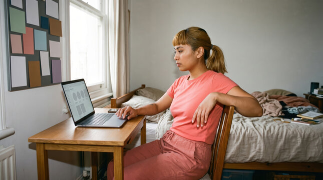 Woman work remotely on laptop in small living space