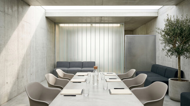Modern concrete conference room with minimalist office interior
