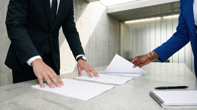Executives review contract documents at concrete office table