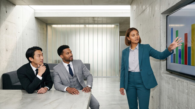 Executive presenting financial chart to colleagues in concrete office