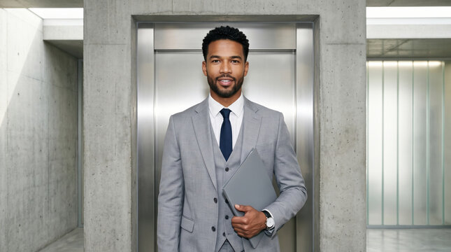 Confident executive in suit standing by concrete elevator