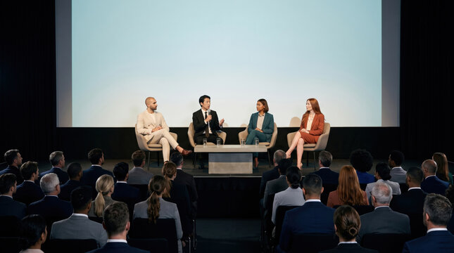 Executives speak at business conference panel before audience