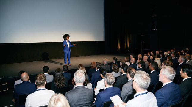 Businesswoman present to executive audience at conference