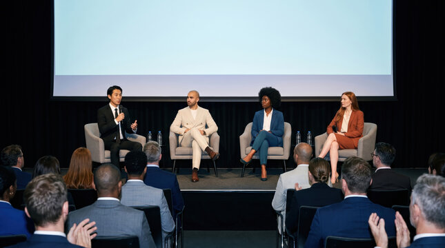 Business executives at formal conference panel discussion