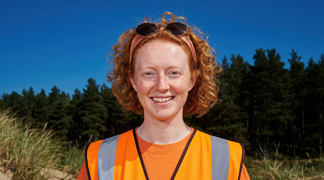 Smiling female volunteer in orange safety vest outdoors