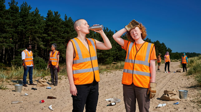 Coast cleanup volunteers rest during beach litter collection