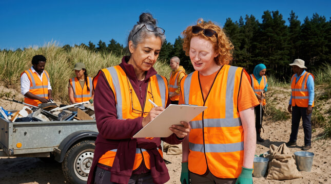 Volunteers record cleanup details beside loaded trailer
