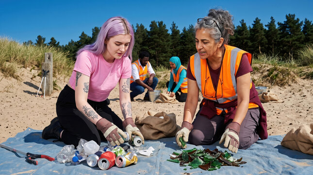 Volunteers sort beach waste during coastal cleanup