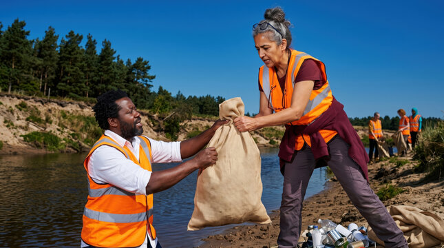 Volunteers pass waste sack during riverbank cleanup effort