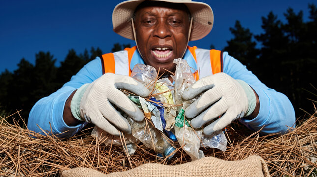 Volunteer lift plastic waste from pine needle ground cover