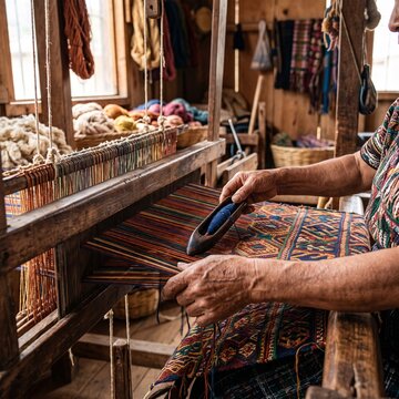 Artisan weaving fabric on loom