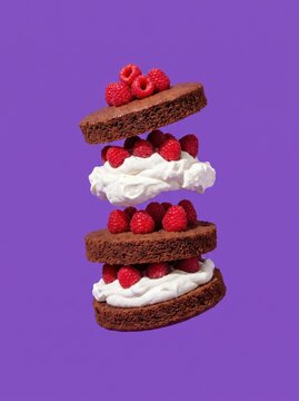 Levitating chocolate raspberry cake with whipped cream