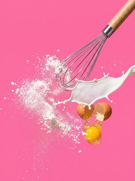 Levitating egg, flour, milk and whisk on pink background