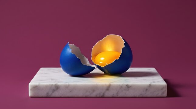 Blue cracked egg with glowing yolk on marble pedestal