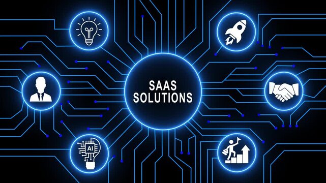 Dynamic saa s solutions and cloud computing concept animation with glowing digital circuit board futuristic technology and business integration networking visuals for enterprise software