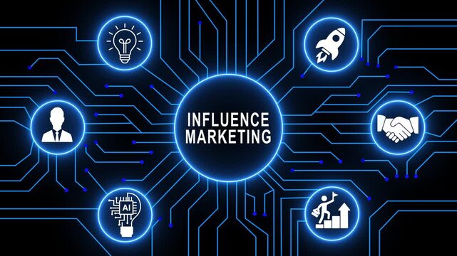 Futuristic digital infographic display illustrating influence marketing strategies with glowing circuit board connections and concept for modern corporate social media campaigns and brand partnerships