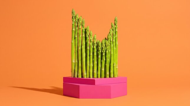 Surreal asparagus sculpture on pink pedestal against orange