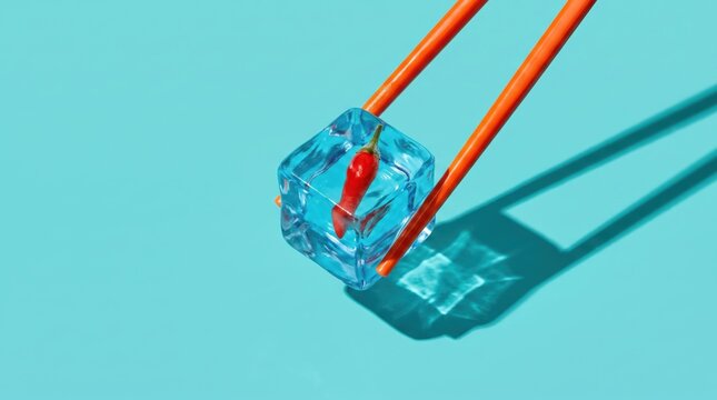 Red chili pepper trapped in ice cube with chopsticks