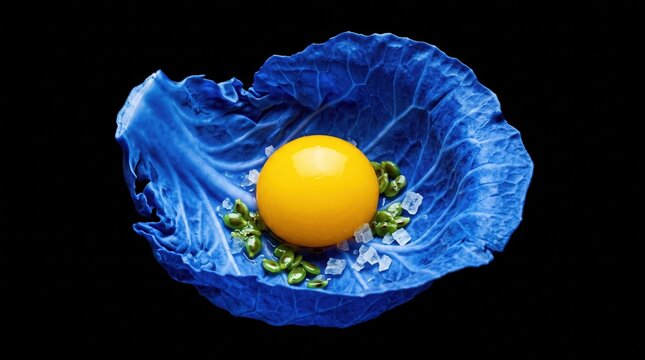 Surreal egg yolk nestled in a blue cabbage leaf