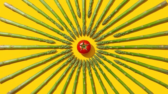 Asparagus sunburst around tomato on yellow background