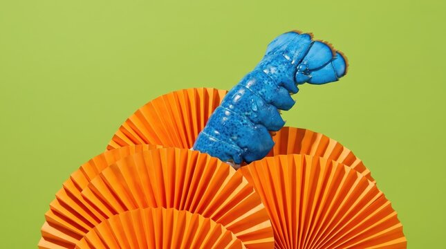 Blue lobster tail emerging from orange paper fan sculpture