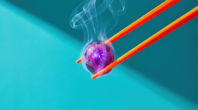 Surreal hot blueberry held by chopstick with rising smoke