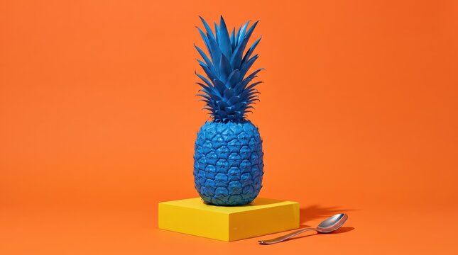 Surreal blue pineapple on yellow pedestal with spoon
