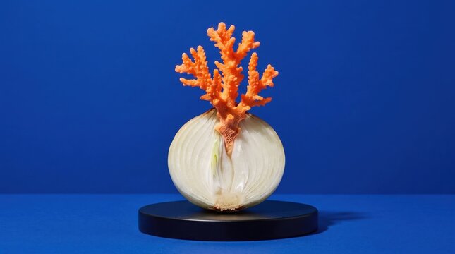 Surreal onion and coral food sculpture on blue background